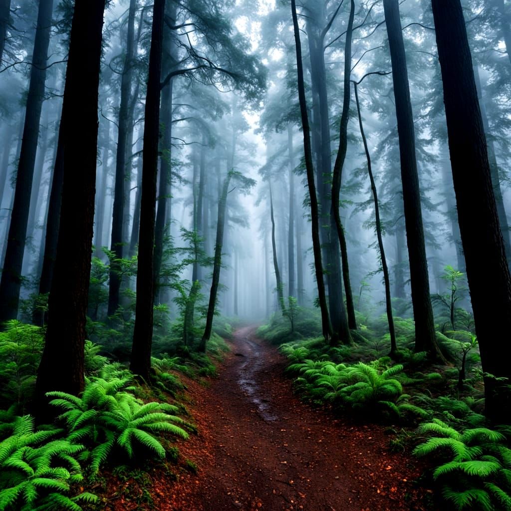 Mysterious Forest Trail in Deep Fog