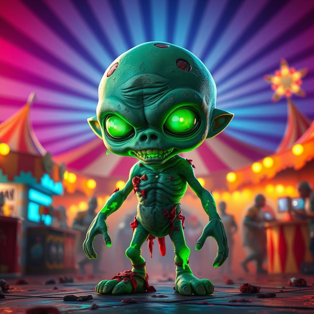 Grotesque Cartoon Alien Zombie in Circus Scene