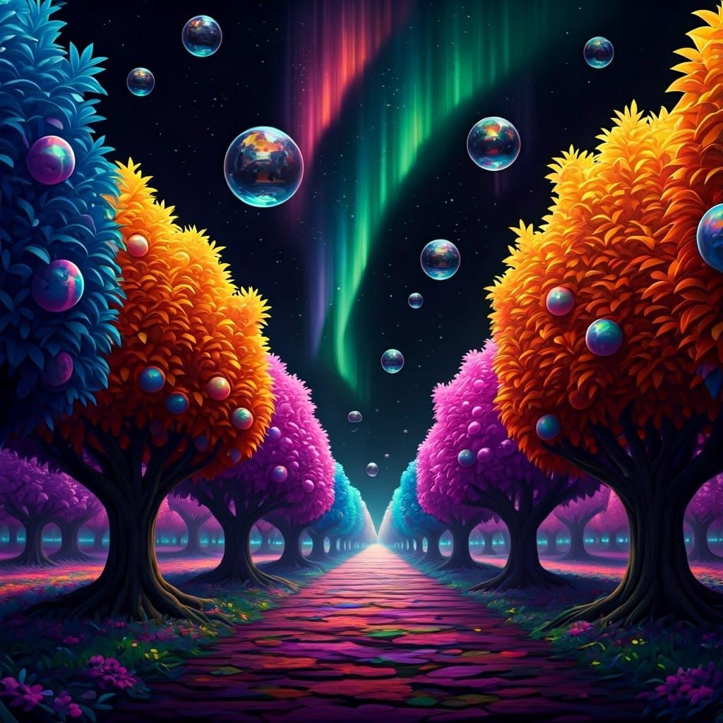 Bioluminescent Orchard with Iridescent Fruit and Aurora Sky