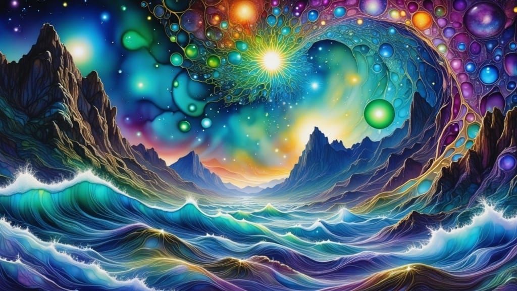 Emerald Oceans and Glass Spires in a Surreal Landscape