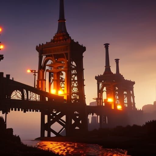 Steampunk Bridge in Moonlit City, 3D Render