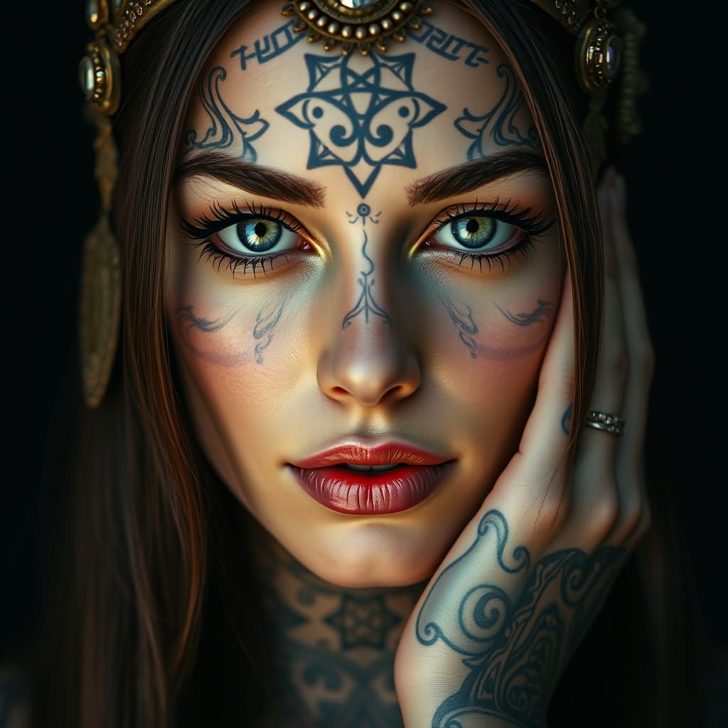 Mystical Woman with Ancient Tattoos in Ethereal Light