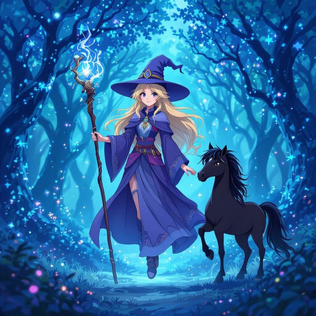 Anime Sorceress with Staff and Black Horse in Magical Forest