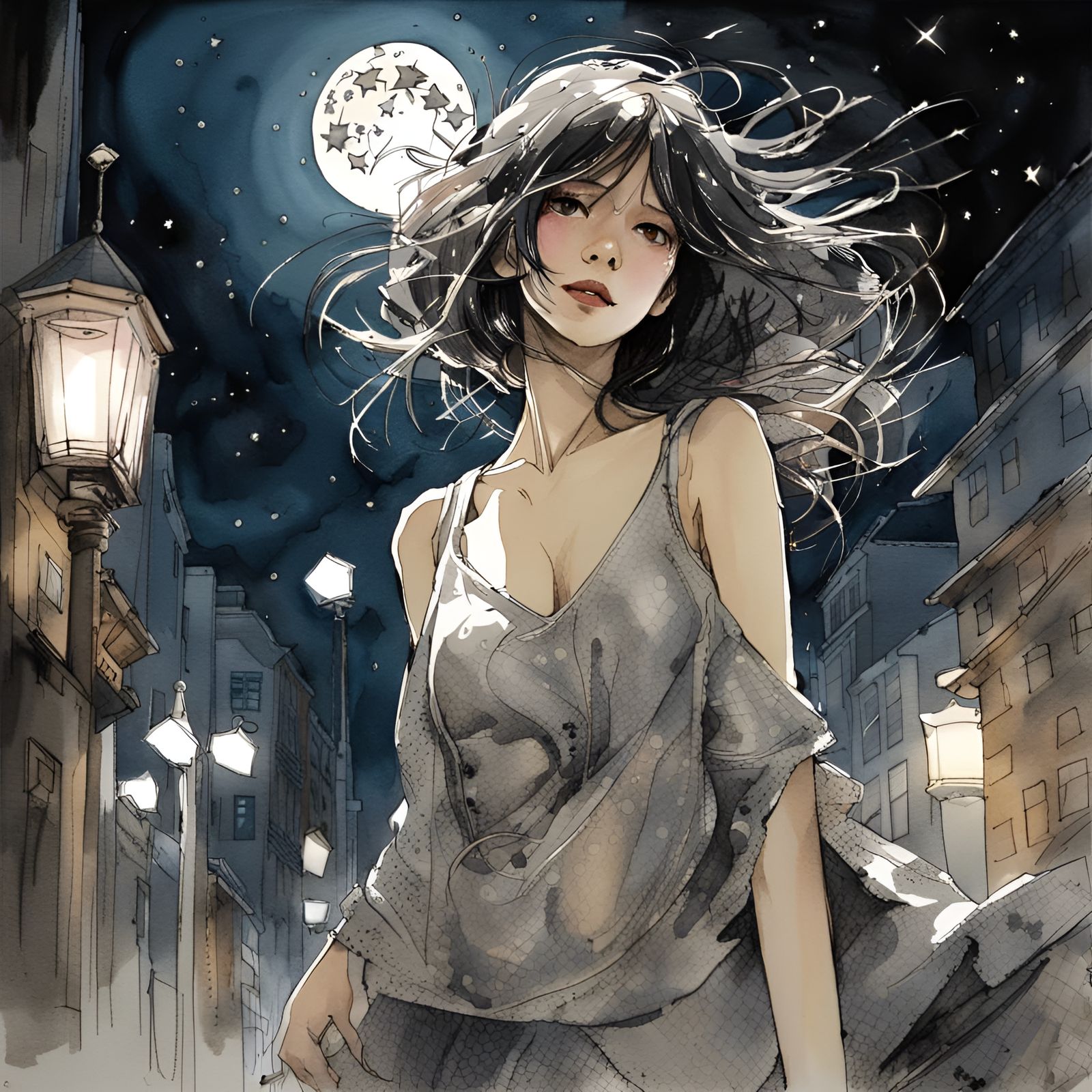 Anime Girl Dancing in Barcelona Moonlight, Watercolor Portra...