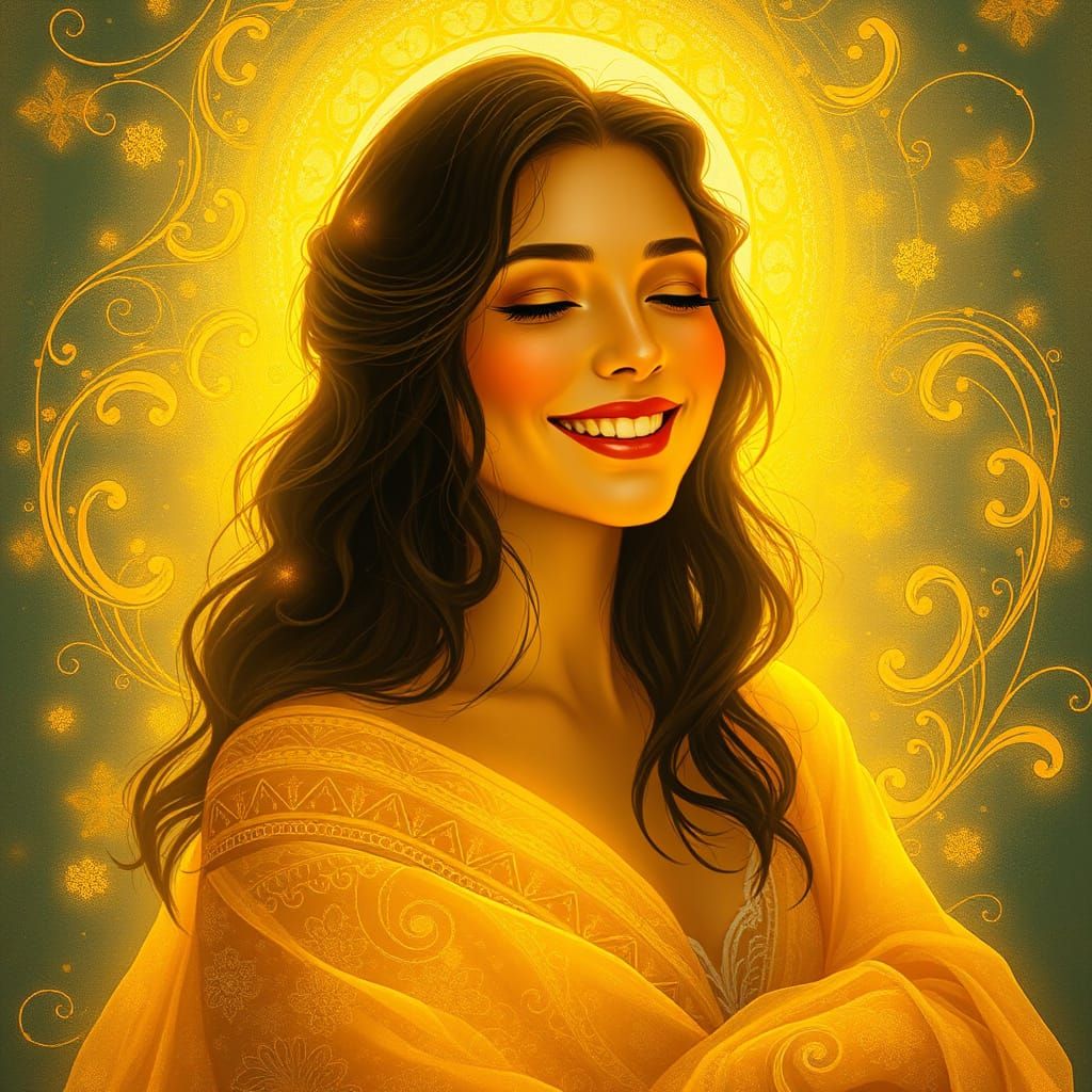 Radiant Woman in Golden Light: An Art Nouveau Vision