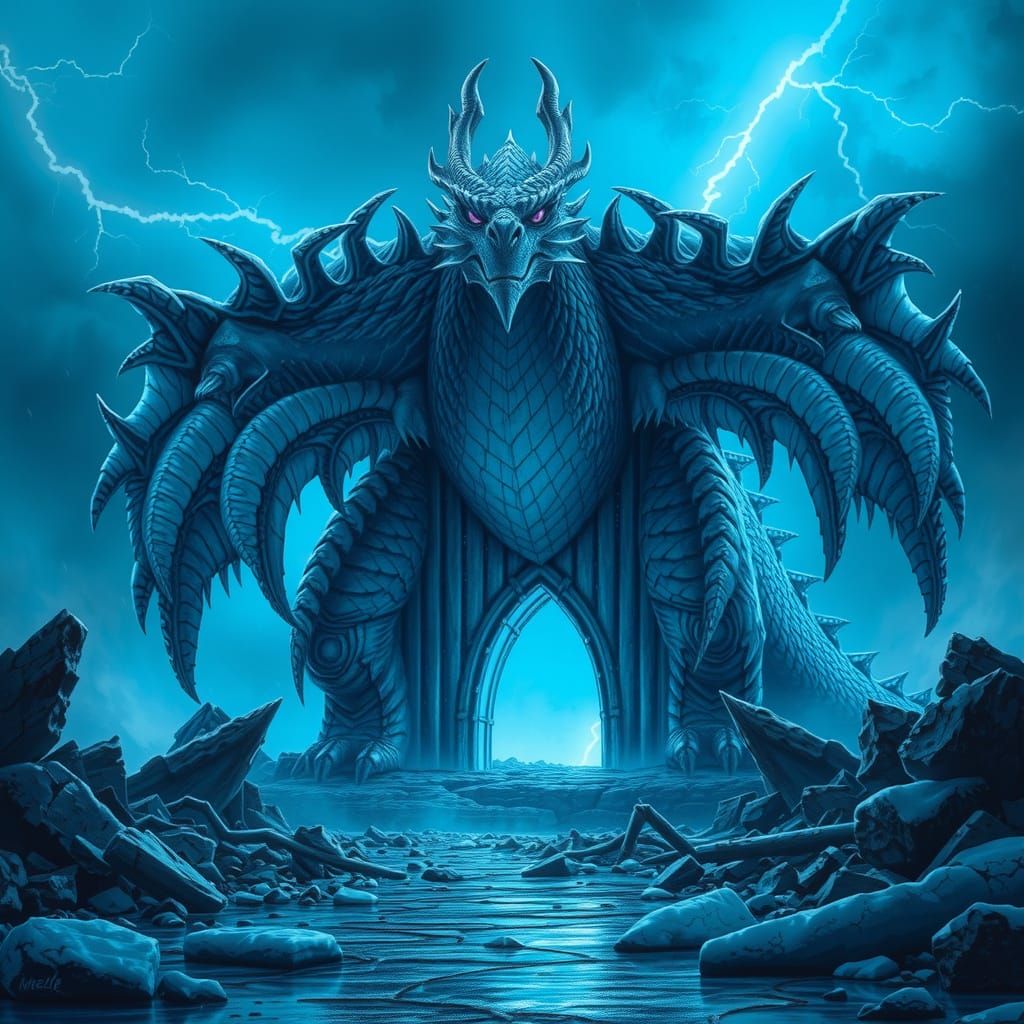 Mystical Dragon Stands as a Frozen Gate in a Haunting Landsc...