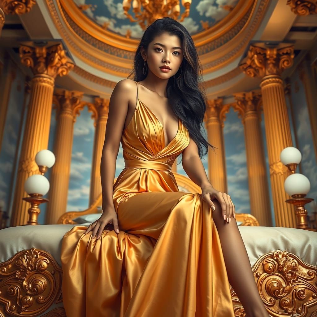 Elegant Malaysian Woman in Gold Satin Gown