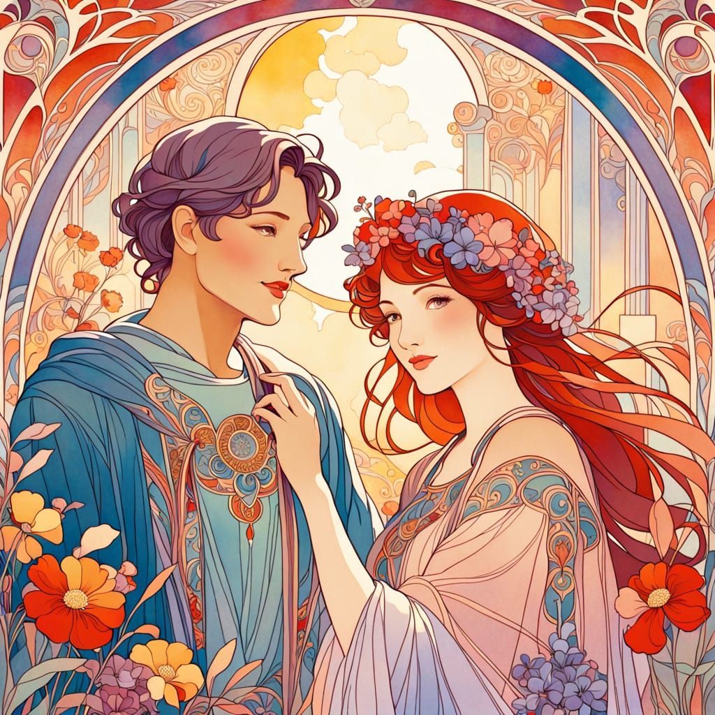 Art Nouveau Dreamscapes: Whimsical Couple in Ancient Temple