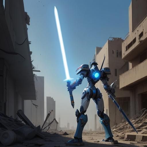 Mech Warrior with Energy Sword in Ruined City