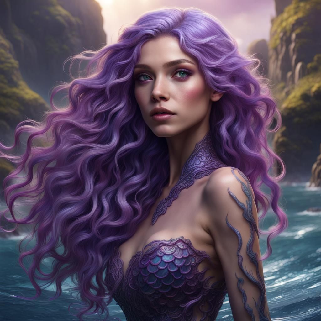 Fantasy Mermaid with Violet Hair, Detailed Art