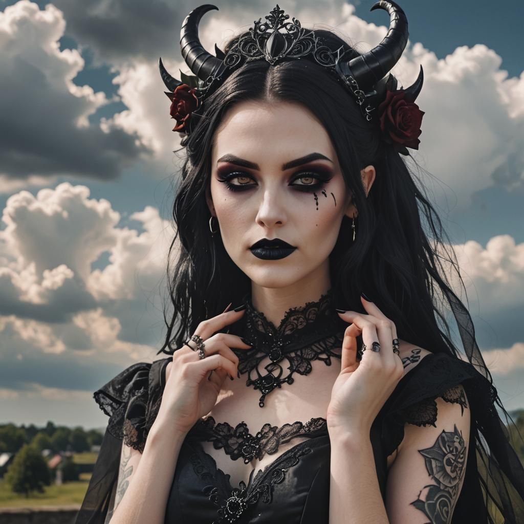 Cute Goth Girl in Black Wedding Dress