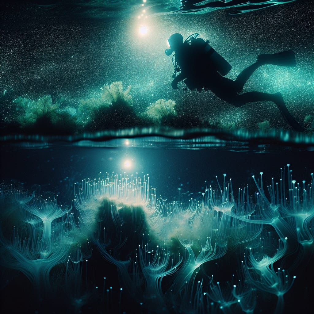 Bioluminescent Underwater Scene with Diver Silhouette