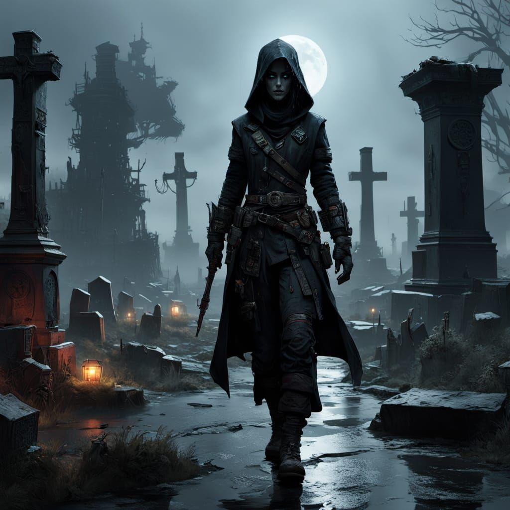 Shadow Assassin Emerges from the Night in a Haunting Cemeter...