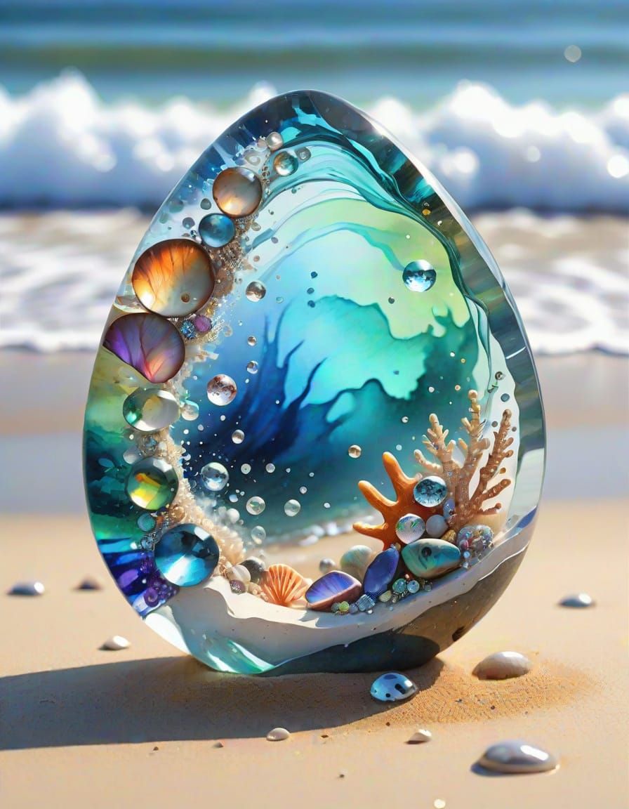 Crystal Glass Sculpture on Beach in Watercolor Style