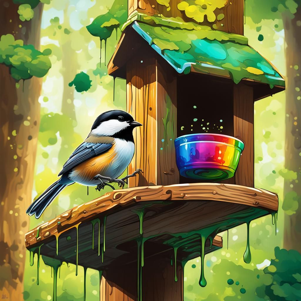 Colorful Chickadee at Feeder in Graffiti Art Style