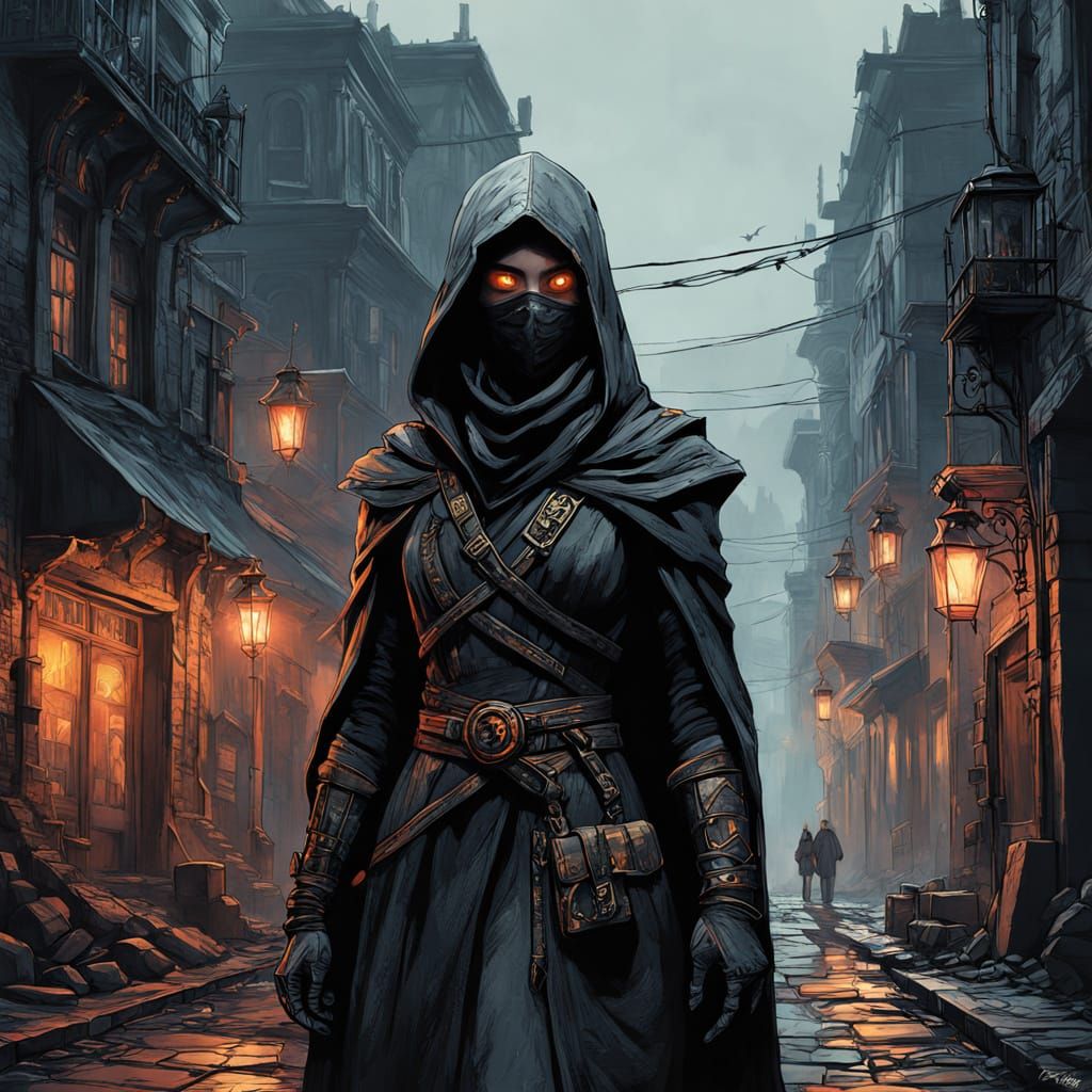 Ethereal Shadow Assassin Emerges from Fantastical City in Go...