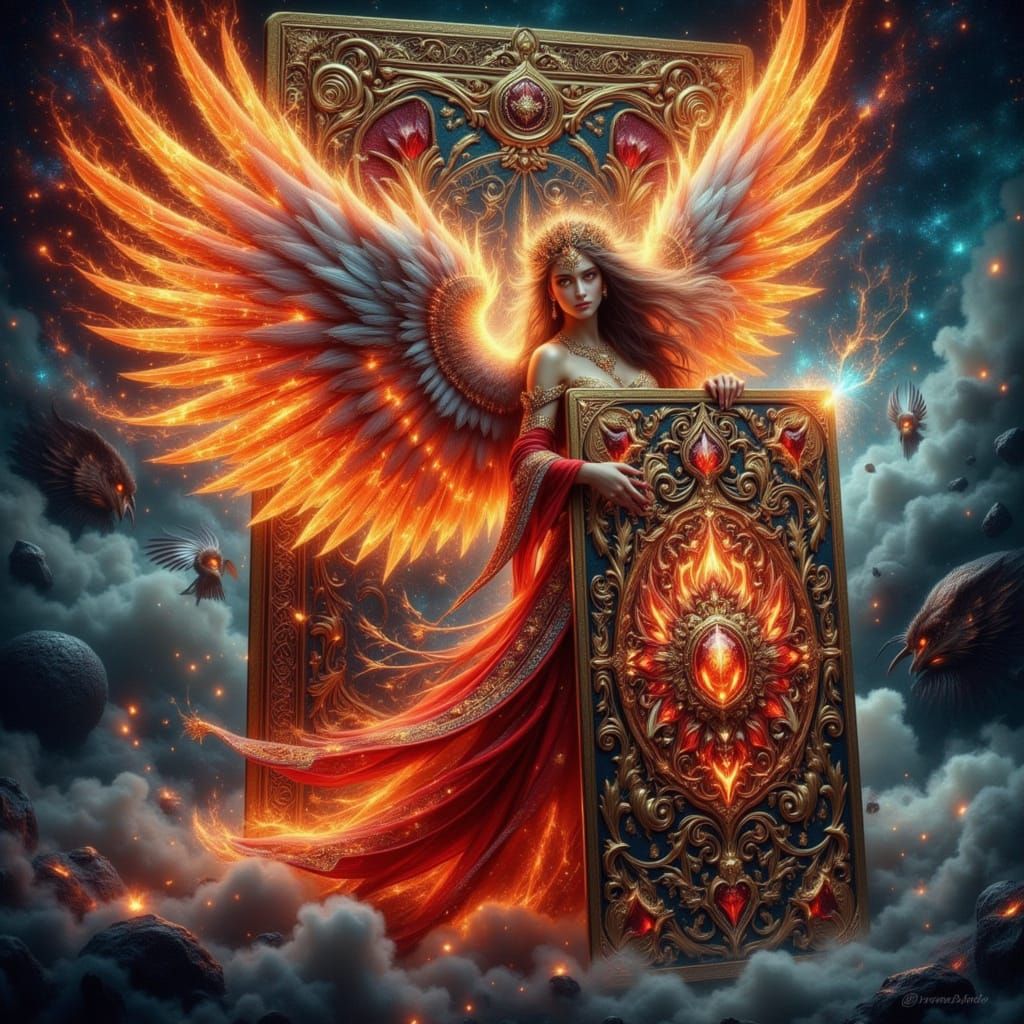 Flaming Angel Emerges from Ornate Playing Card