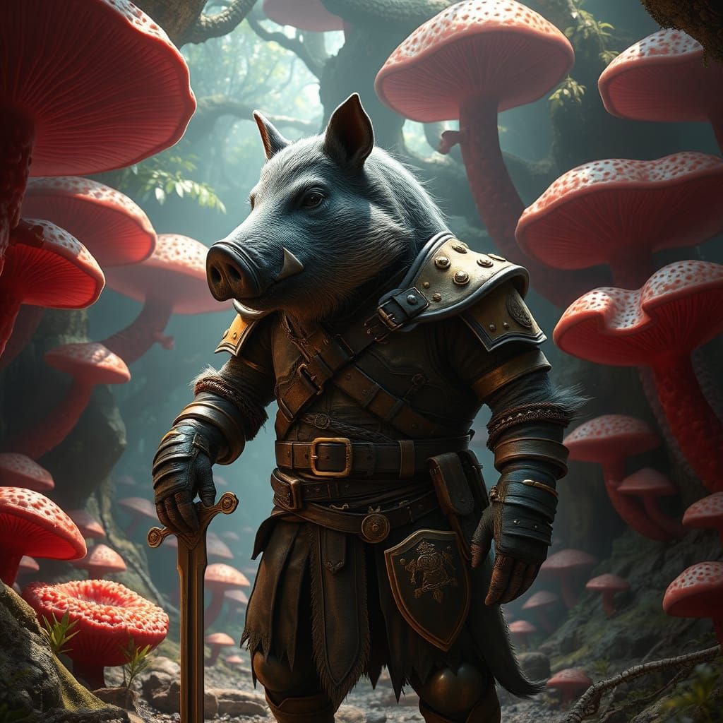 Boar Warrior in Mushroom Forest, Dystopian Realism