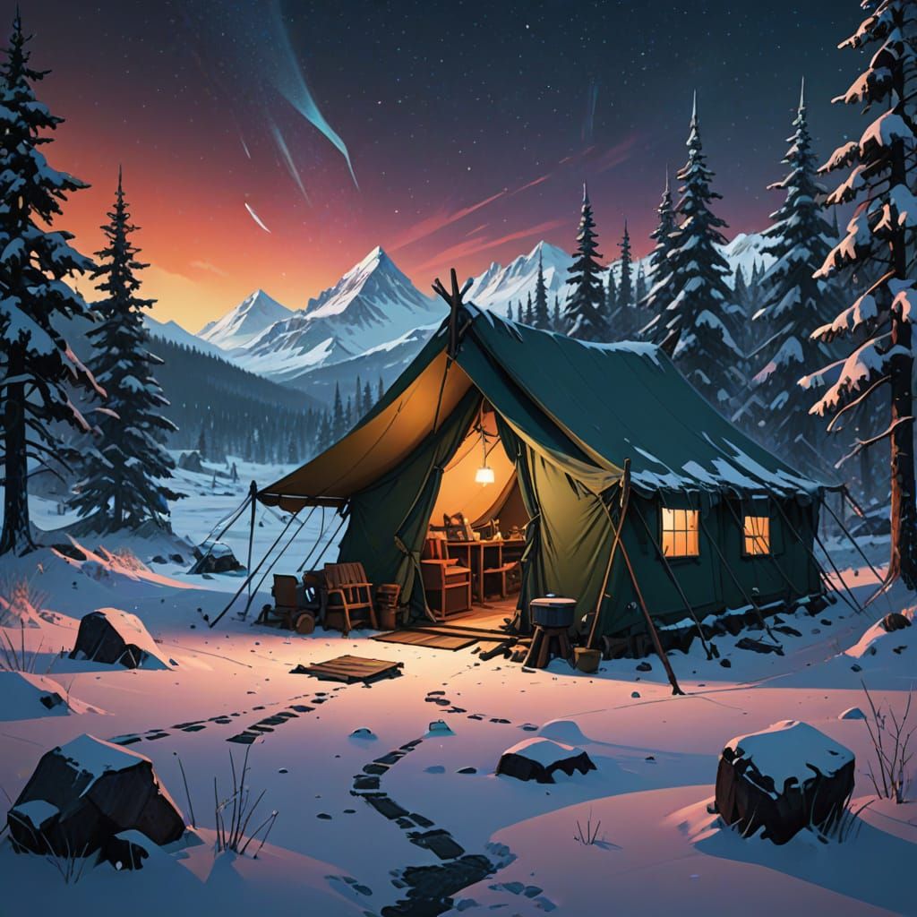 Camping in Alaskan Winter Wonderland Scene