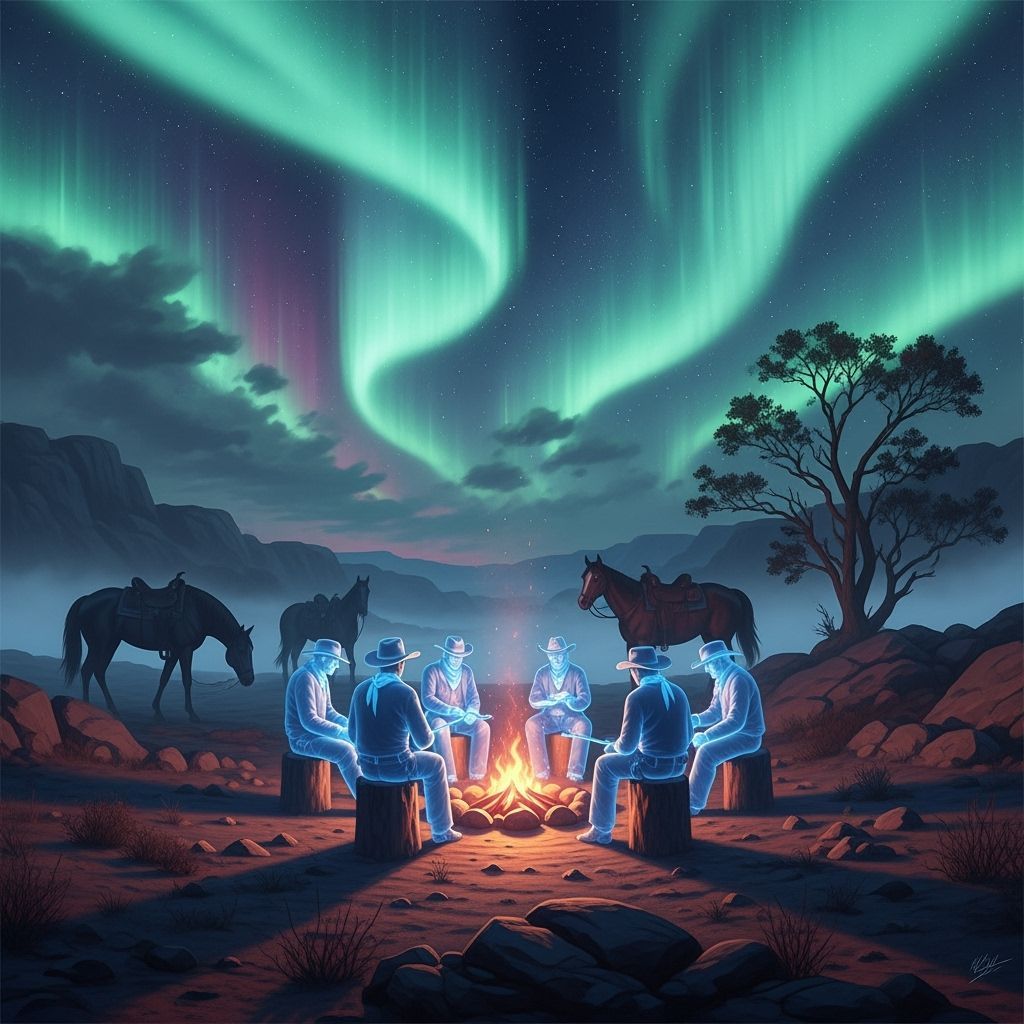 Ghostly Cowboys Around Campfire Under Aurora Sky