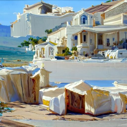 Greek Marble Architecture on Beach in Oil Painting