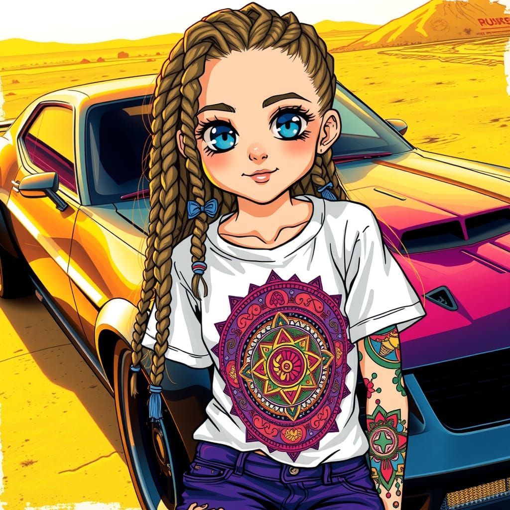 Girl with Cosmic T-Shirt in Expressive Ink Style