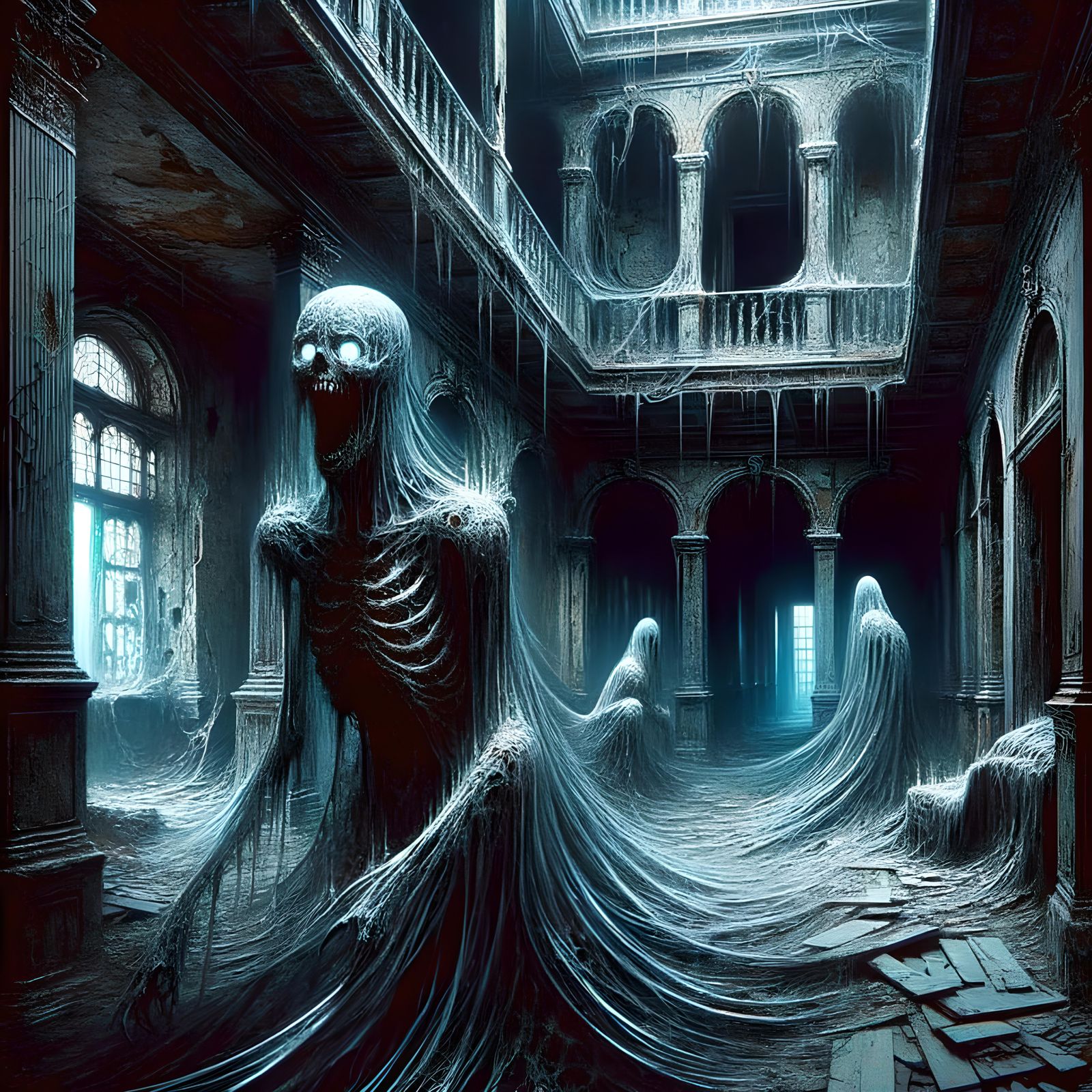 Haunted Victorian Mansion with Spectral Apparitions