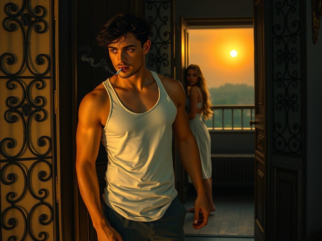 Athletic Man in Contemplative Repose with Mysterious Backgro...