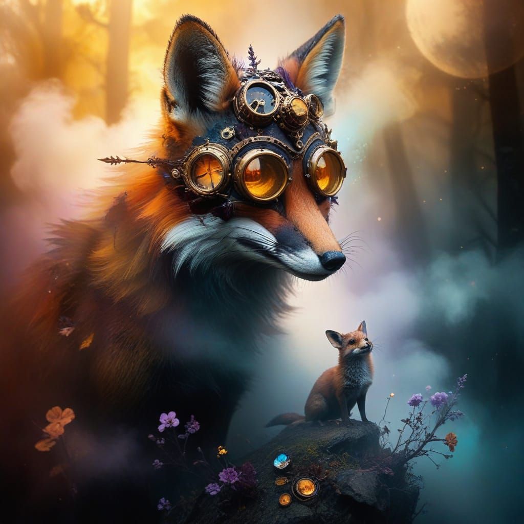 Steampunk Fox Meets a Whimsical Forest Friend