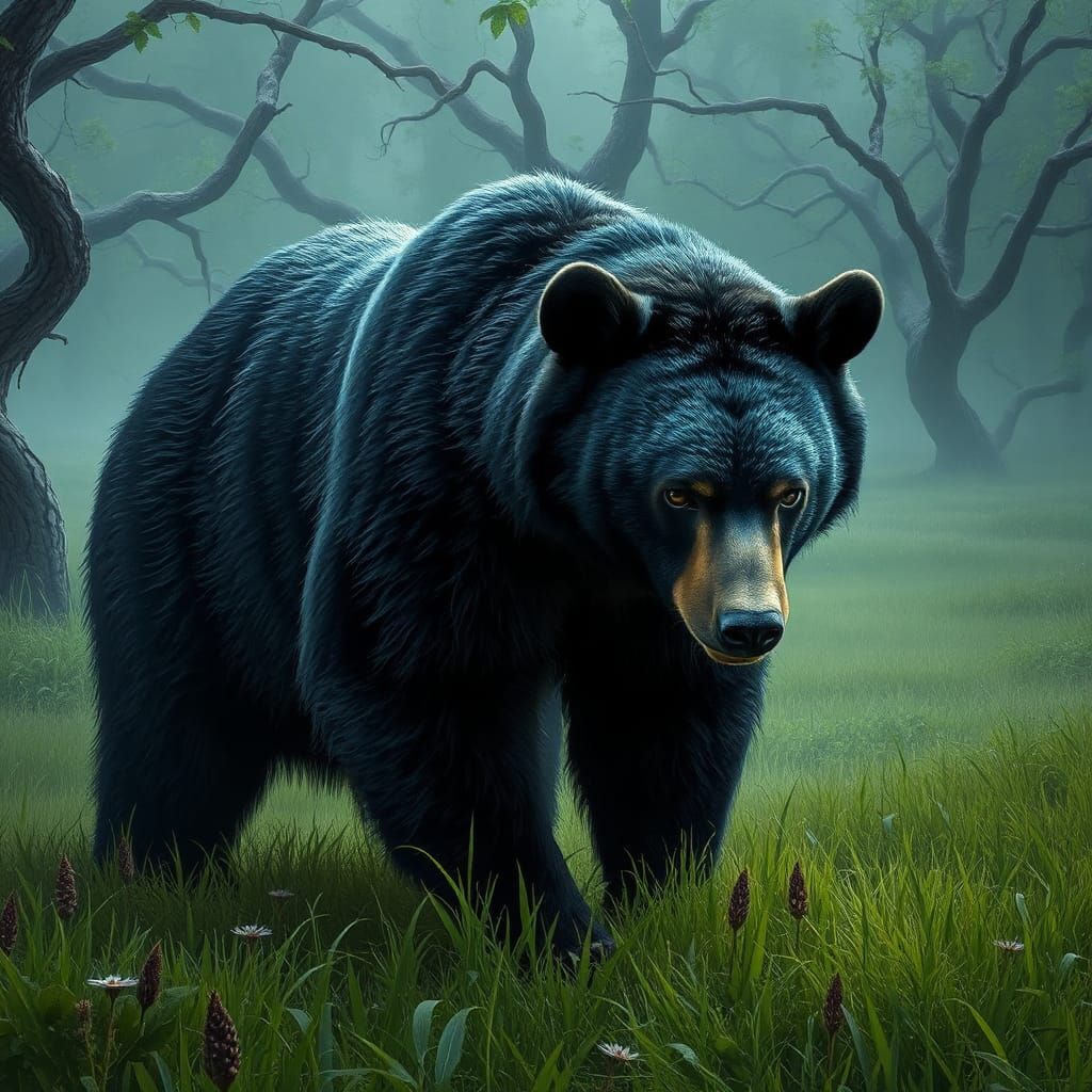 Black Bear Crouching in Misty Field