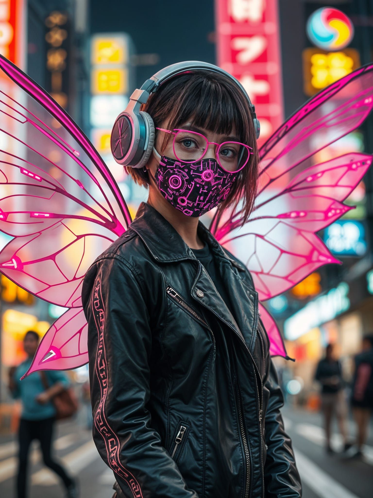 Cyberpunk Fairy with Hi-Tech Wings in Neon City
