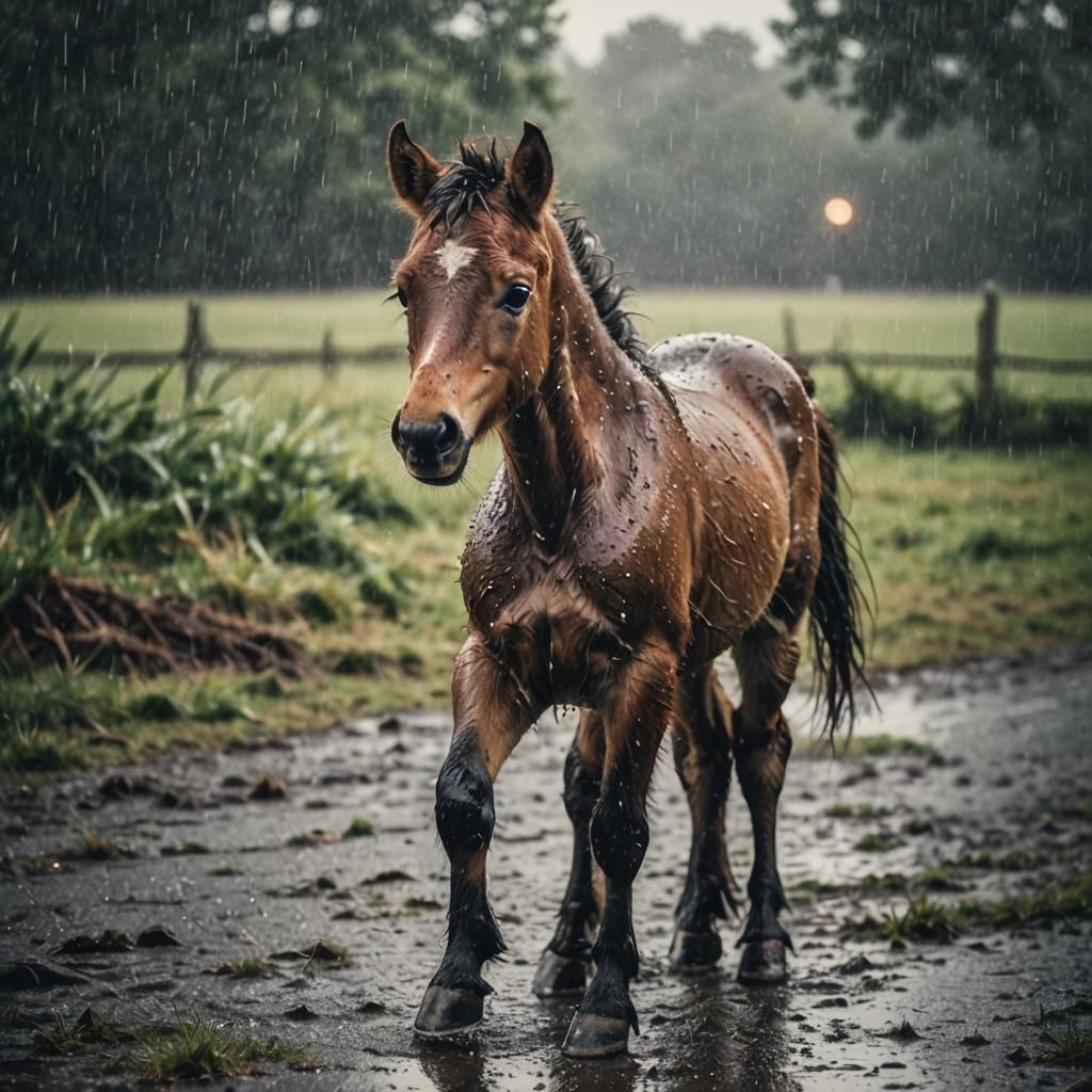 Cute Foal in Rain: Cinematic Film Still