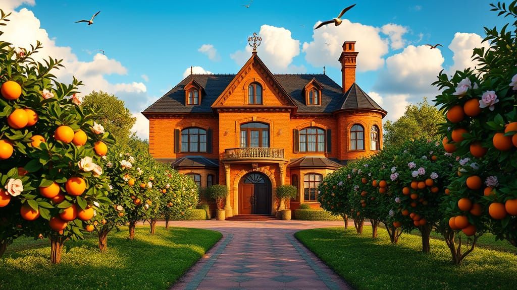 Victorian Mansion in Vibrant Orange Orchard Paradise