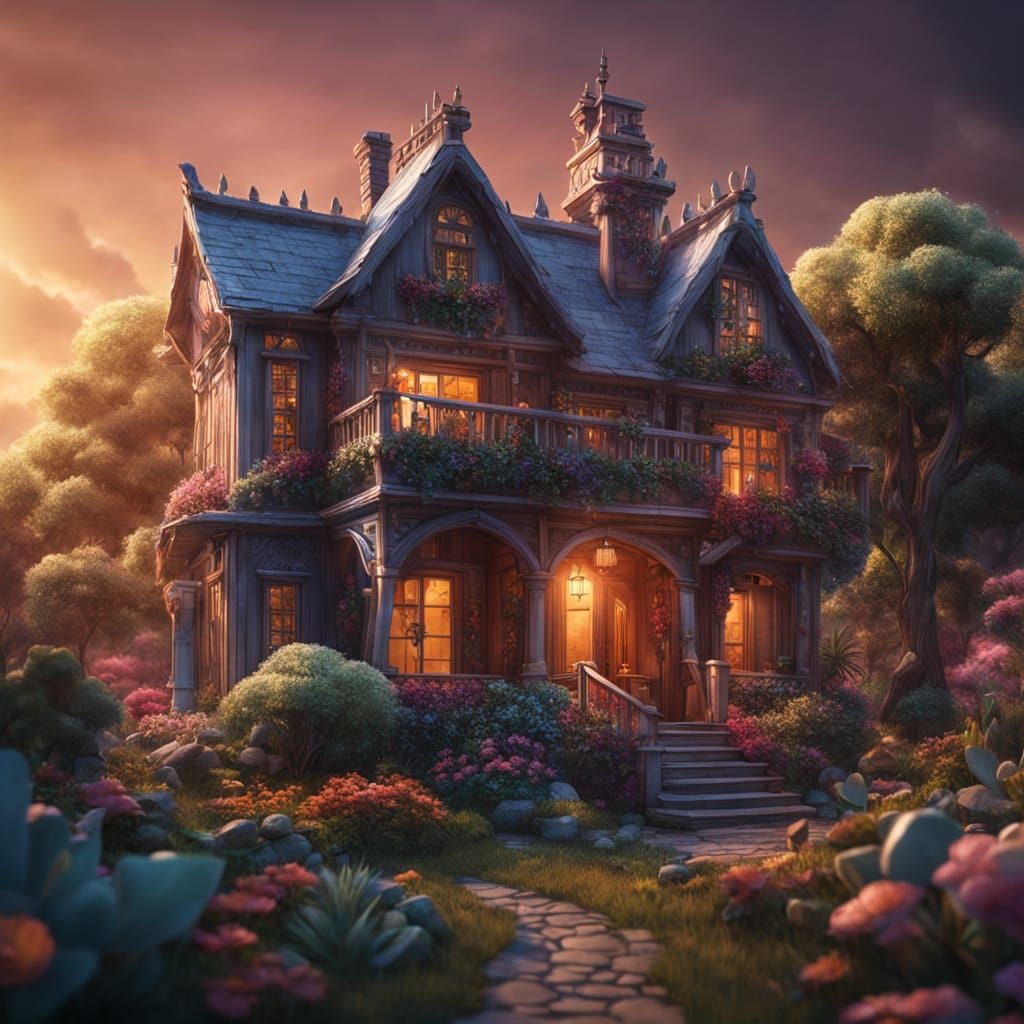 Miniature Cartoon House in a Detailed Fantasy Garden