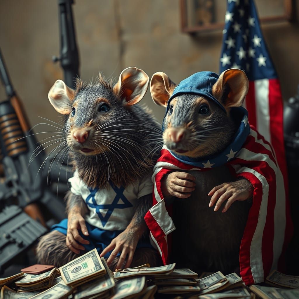Rats Amidst Global Conflict: Israel and USA Flags