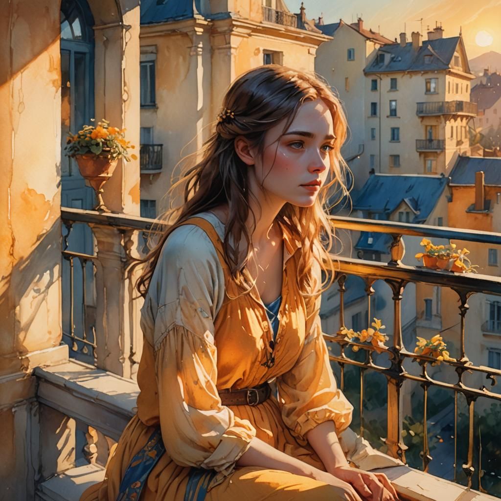 Girl Gazing from Balcony in Fantasy Setting