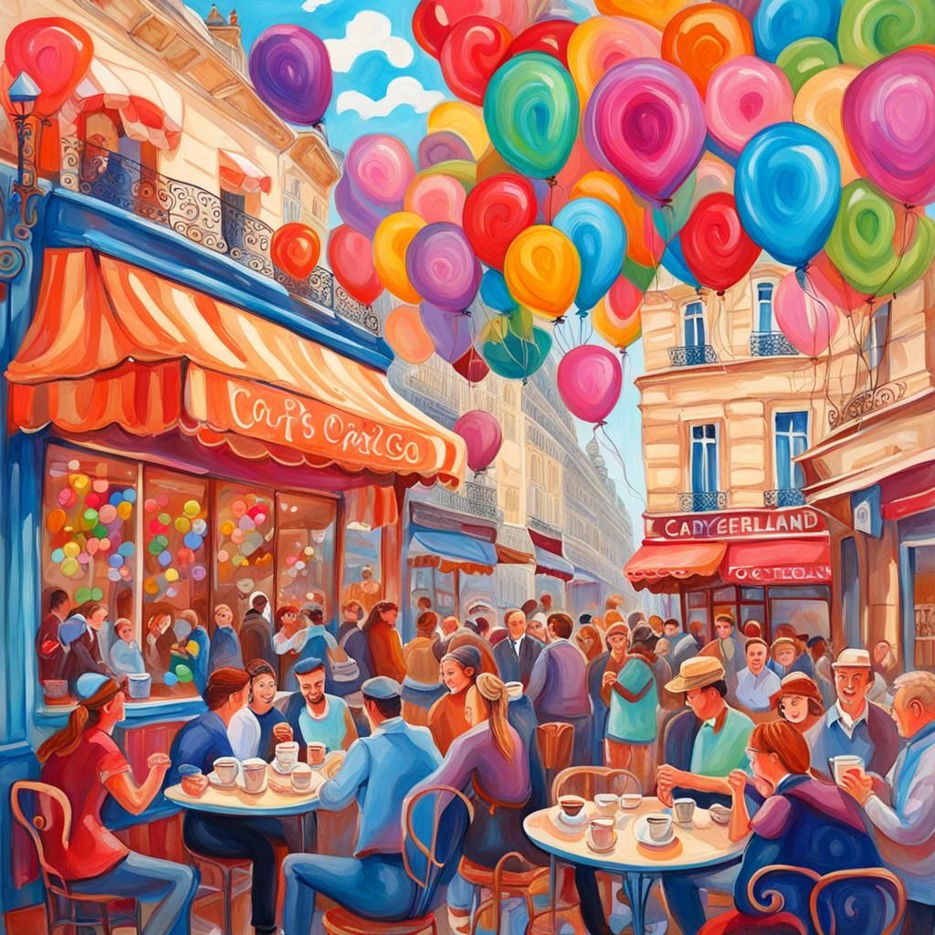 Paris Cafe Scene with Balloons in Gouache Style