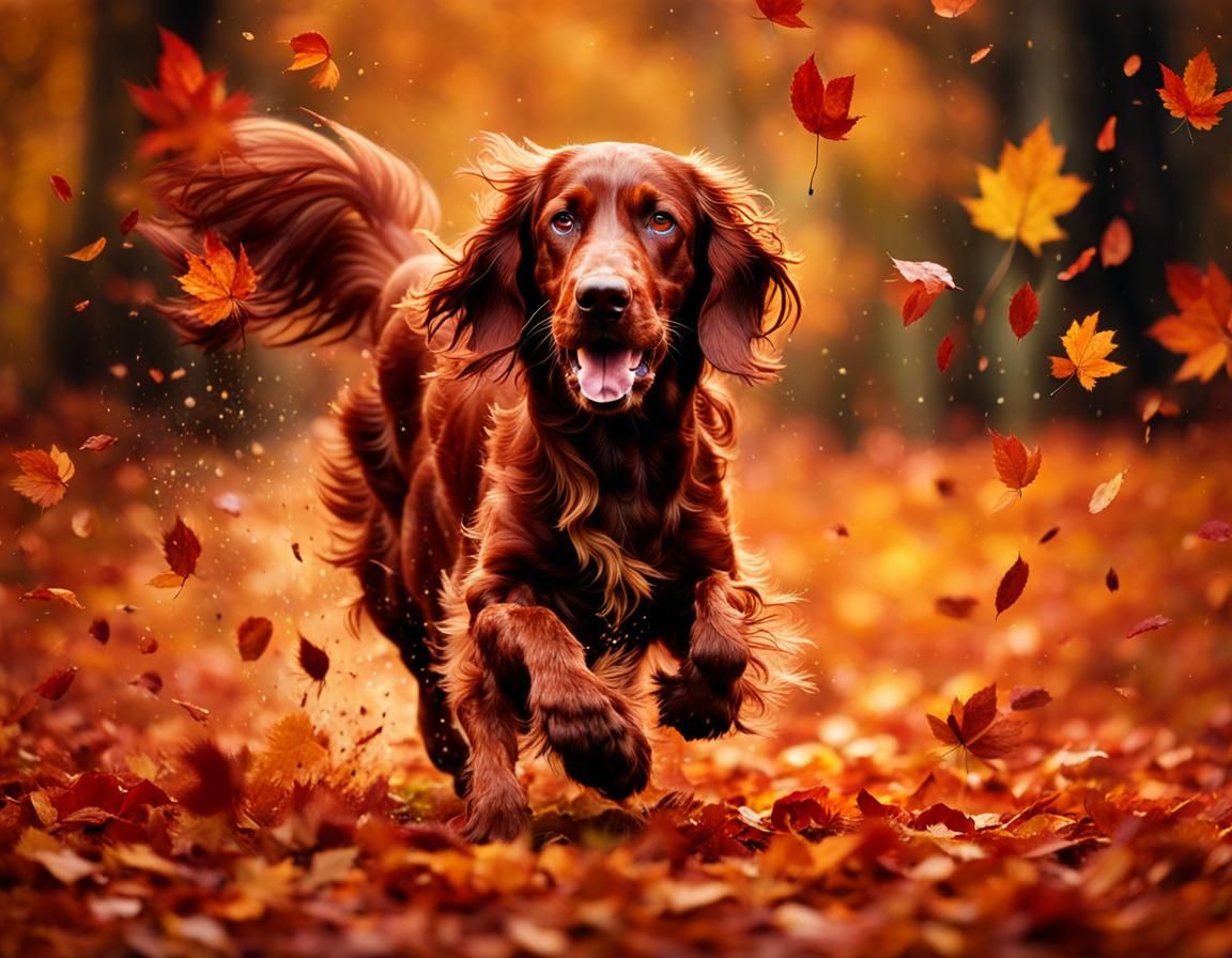 Red Setter Runs Through Autumn Leaves at Golden Hour
