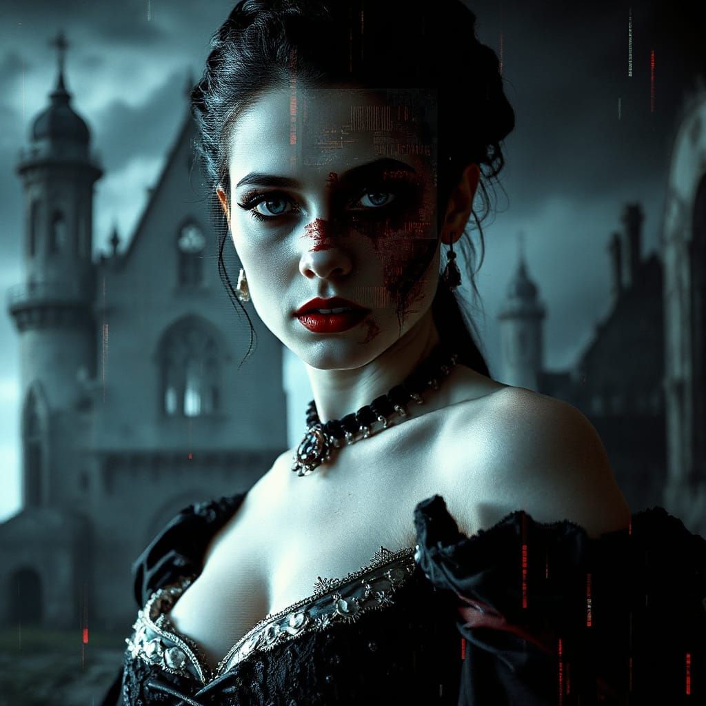 Vampire Queen in Glitched Castle as Digital Art