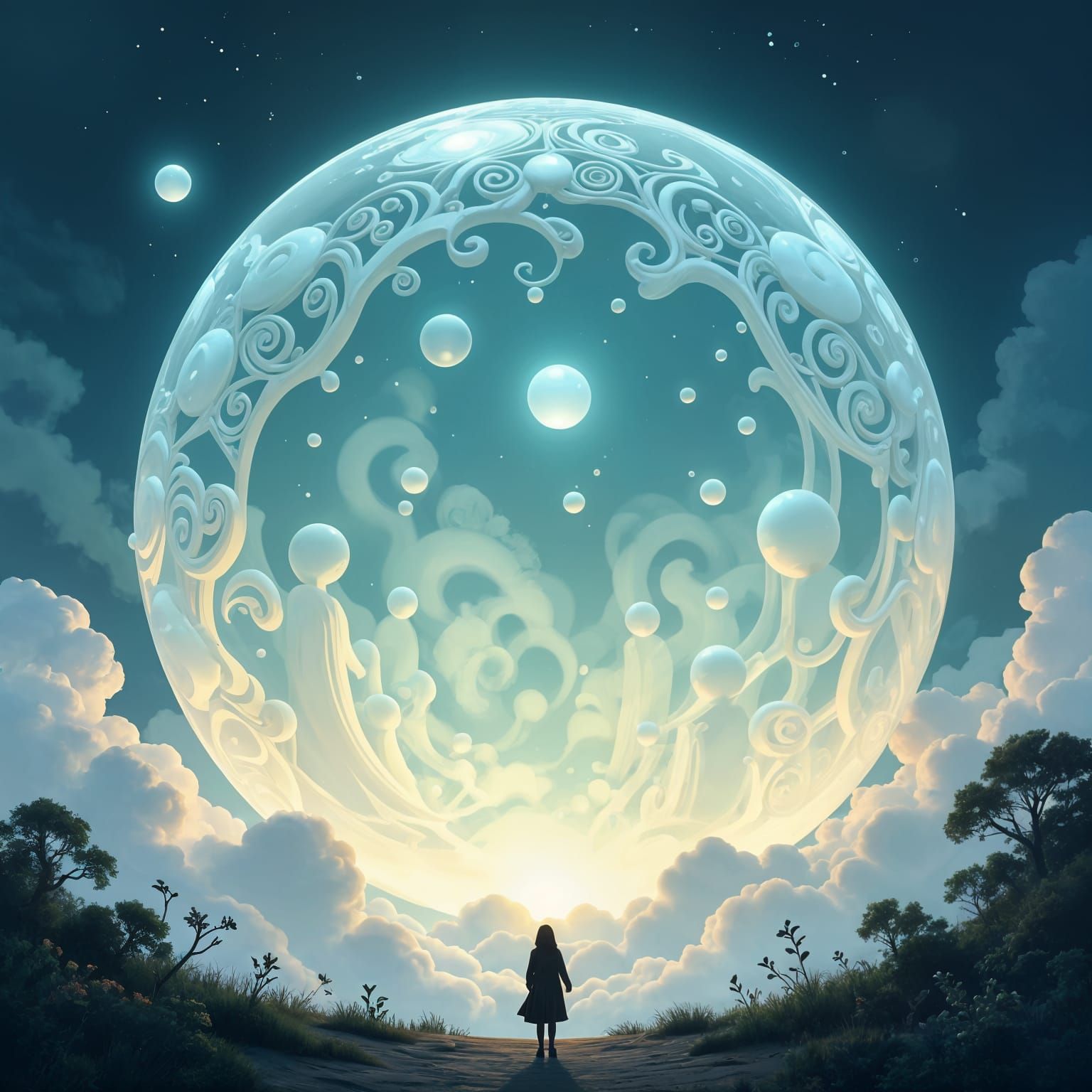 Colossal Soap Bubble with Bioluminescent Mist, Detailed Illu...