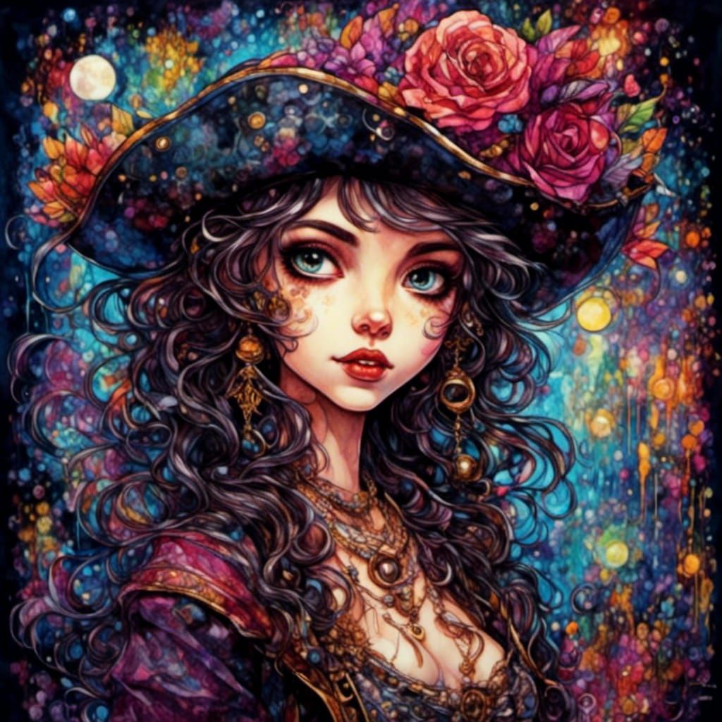 Pirate Girl Portrait with Luminescent Line Art