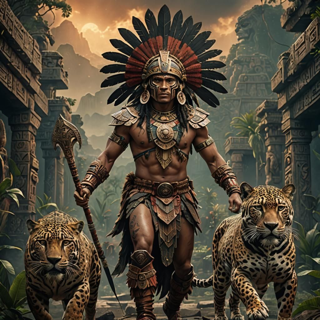 Epic Aztec Warrior and Jaguar Digital Painting