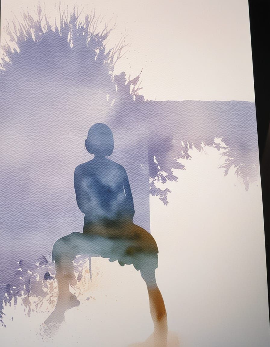 Woman Gazing at Landscape in Watercolor Style