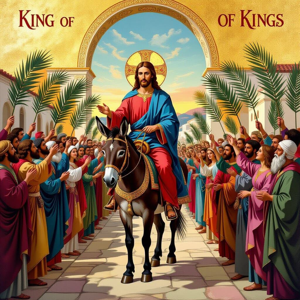 Jesus Enters Jerusalem on Palm Sunday in Byzantine Icon Styl...
