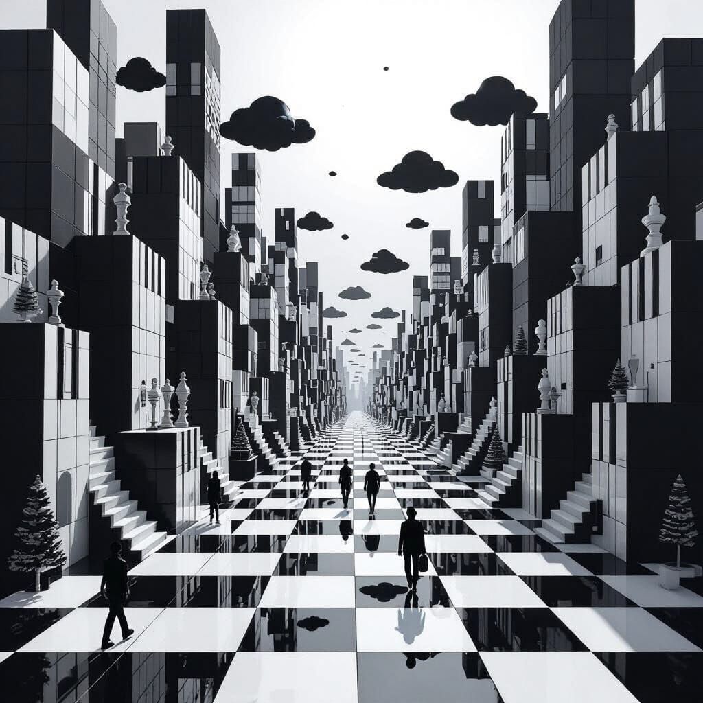 Surreal Monochrome City of Piano Keys and Chessboards