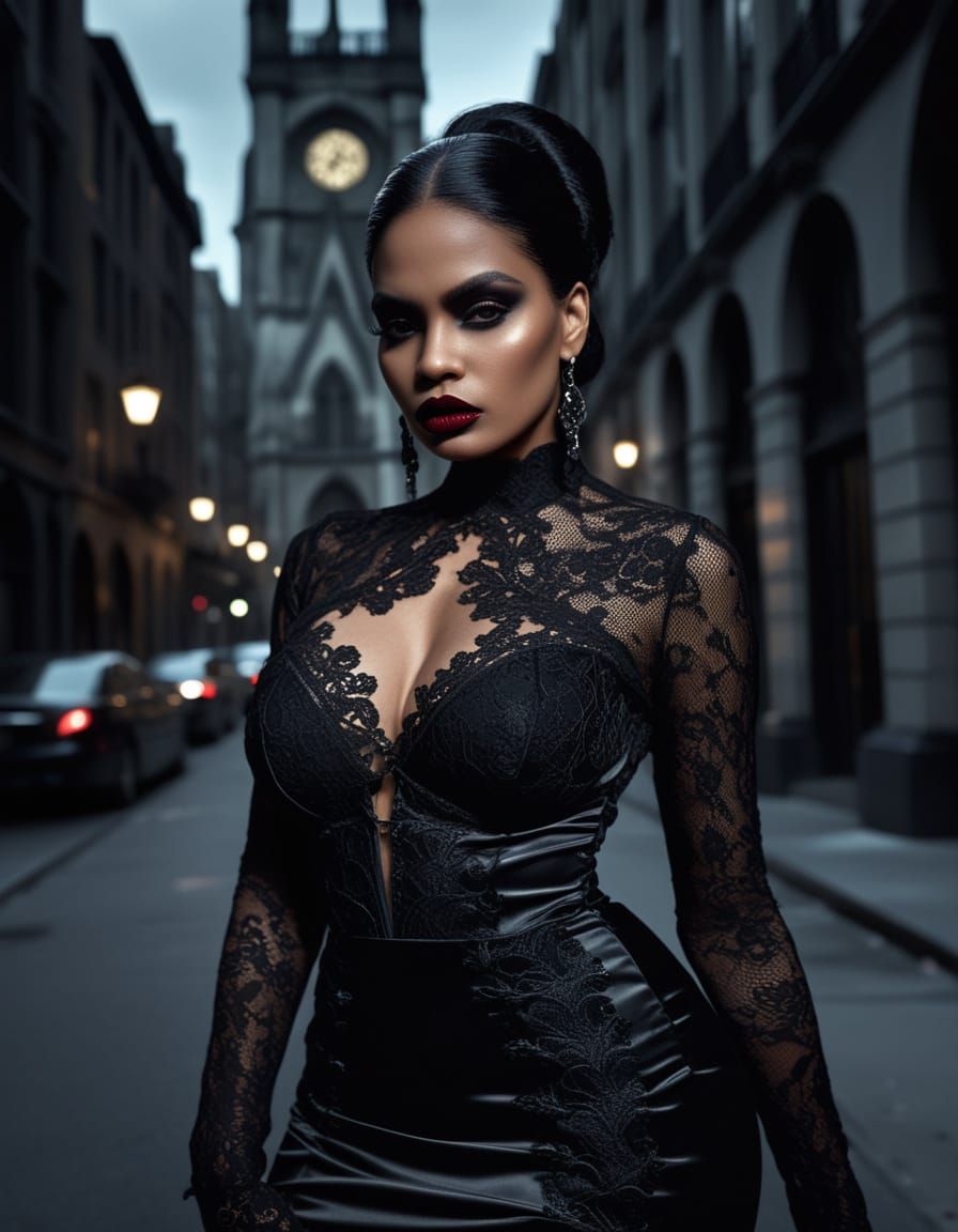 Dominican Supermodel in Gothic Lace Gown Cityscape