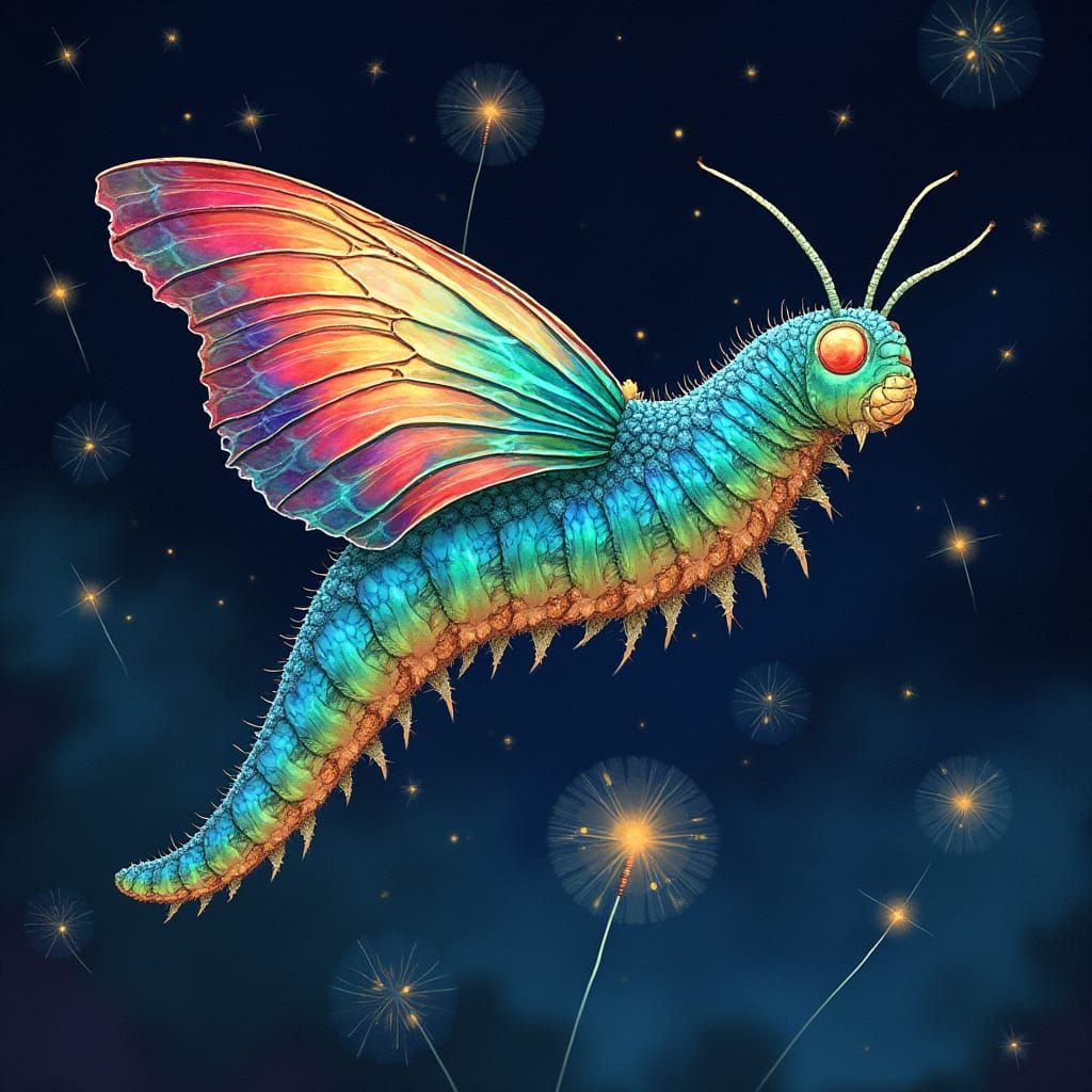 Luminous Flying Caterpillar in a Celestial Realm
