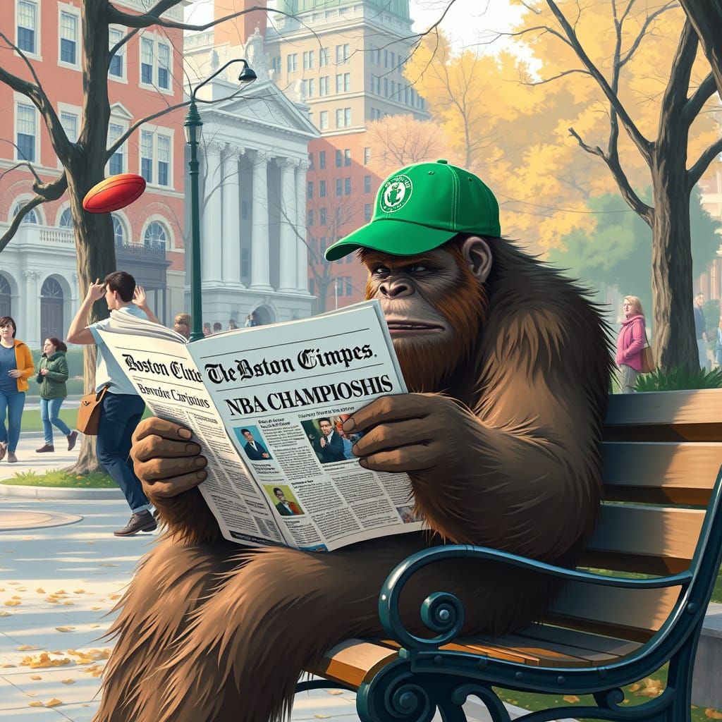 Bigfoot Reads Celtics News in Harvard Square