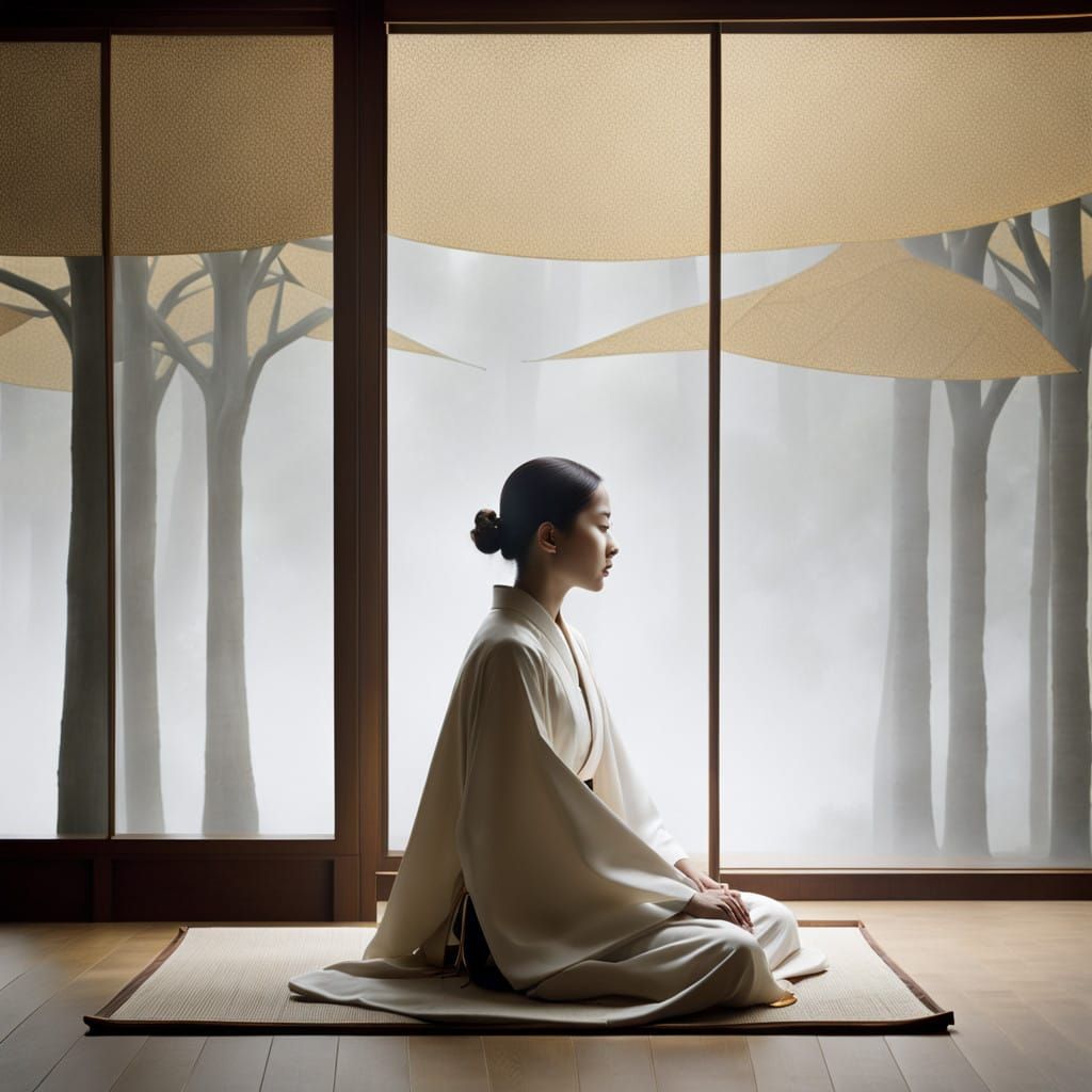 Woman in Serene Meditation, Kimono and Tatami Mat