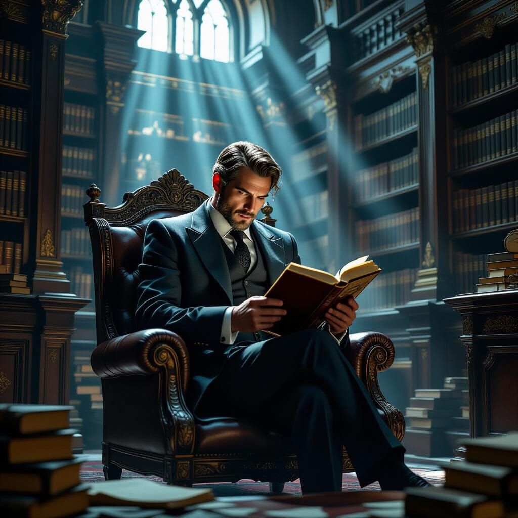 Man Reading in a Grand Library
